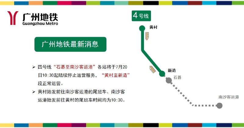 #广州地铁最新消息#【停止运营服务预告：四号线】受#台风韦帕#影响，为保障乘客出行安全，四号线“石碁至南沙客运港”各站将于7月20日10:30起陆续停止运营服务，即黄村始发前往南沙客运港的尾班车、南沙客运港始发前往黄村的尾班车时间均为10:30，“黄村至新造”段正常运营